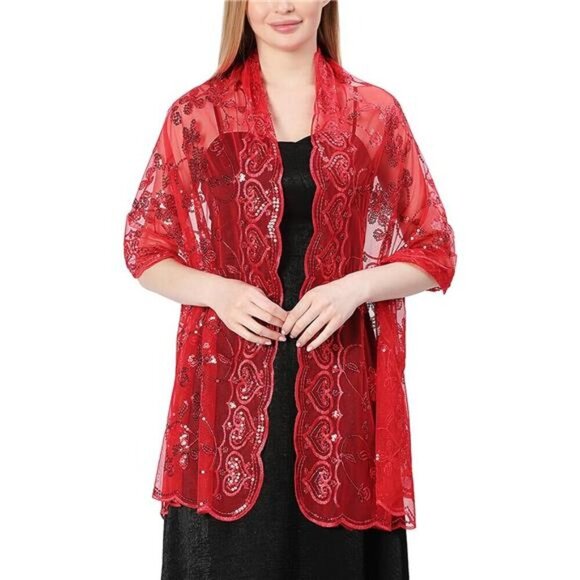 Sequin Floral Shawls Wraps Red - Picture 3 of 6